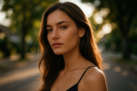 Portrait of a beautiful young brunette woman in a black dress on the street.の素材