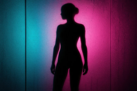 Female Silhouette Behind Colorful Wet Glass Wallの素材