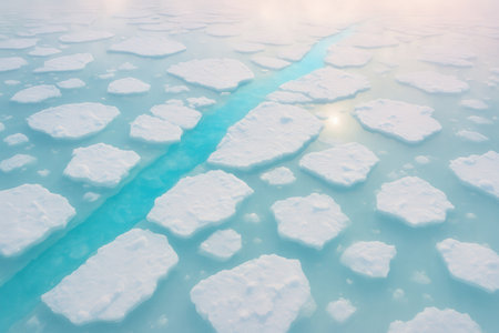 Aerial View of White Sea Ice Floes and Turquoise Melt Channelの素材