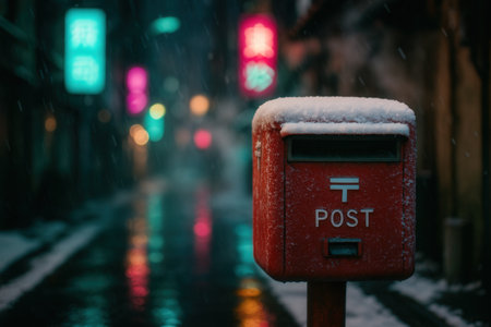 Red Snow Covered Mailbox In Neon Lit Winter Alleyの素材