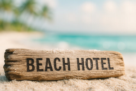 Beach Hotel Driftwood Sign On Sandy Tropical Shoreの素材