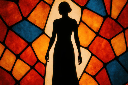 Elegant Female Silhouette Against Colorful Stained Glass Patternの素材