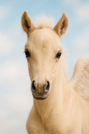 Adorable Pegasus Foal With Creamy Wings Against Blue Skyの素材
