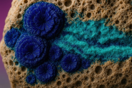 Azurite Rosettes On Porous Stone With Turquoise Veinsの素材