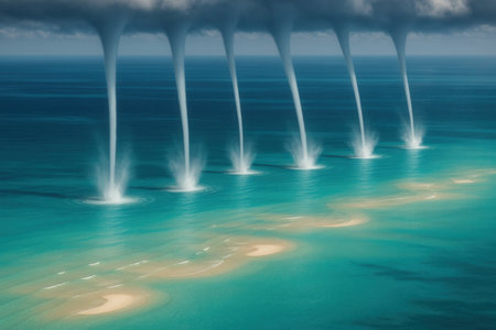 Multiple Waterspouts Over Turquoise Sea And Sandbar From Aboveの素材