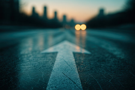 Wet City Street Arrow Leading Into Evening Trafficの素材