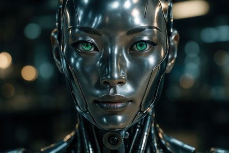Futuristic Female Android Portrait With Silver Metallic Face And Green Eyesの素材