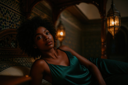 Elegant Woman In Emerald Dress Relaxing In Ornate Moroccan Riadの素材