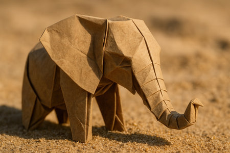 Origami Paper Elephant Standing On Sandy Ground In Warm Sunlightの素材