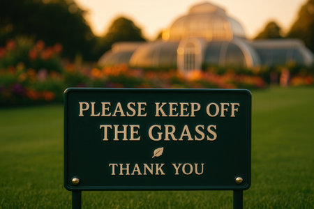 Please Keep Off The Grass Garden Sign At Sunset In Botanical Parkの素材