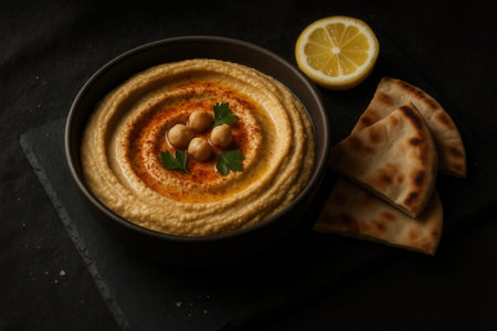 Creamy Hummus With Chickpeas Lemon And Pita Bread On Dark Slateの素材