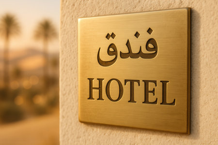 Luxury Brass Hotel Sign With Arabic And English Text At Desert Resort Entranceの素材