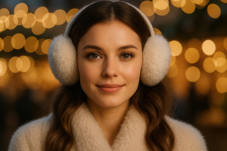 Smiling Young Woman In Winter Earmuffs And Coat Against Festive Holiday Lightsの素材
