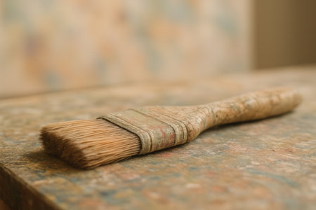 Old Paintbrush With Worn Wooden Handle Lying On Rustic Work Surfaceの素材