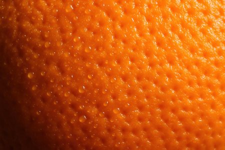 Orange Peel Surface With Fresh Water Droplets In Vivid Citrus Close-Upの素材