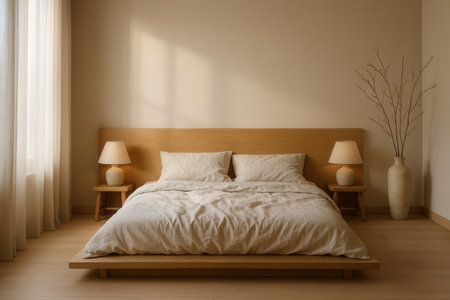 Japandi Style Minimalist Bedroom With Wooden Bed And Soft Morning Sunlightの素材