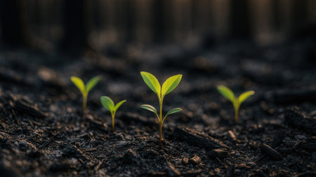 Green Seedlings Emerging From Burnt Forest Soil After Wildfire Regenerationの素材