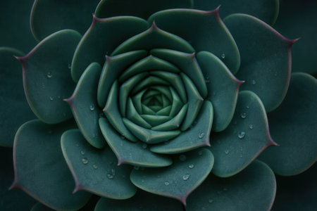 Symmetrical Succulent Rosette With Dew Drops In Dark Green Tonesの素材
