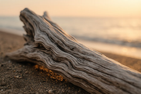 Weathered Driftwood On Sandy Beach At Golden Sunsetの素材