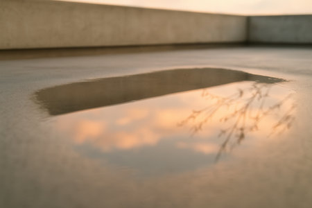 Sunset Clouds Reflected In Rooftop Puddle With Soft Minimal Compositionの素材