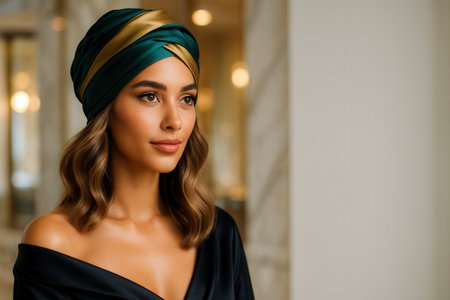 Elegant Woman In Emerald And Gold Turban In Luxury Interiorの素材