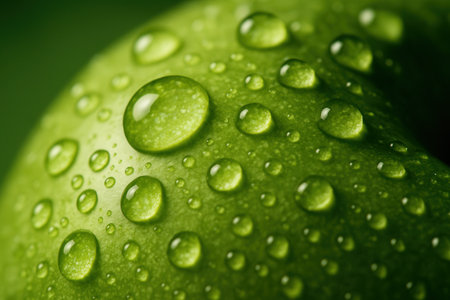 Fresh Green Apple With Water Droplets On Vivid Surfaceの素材