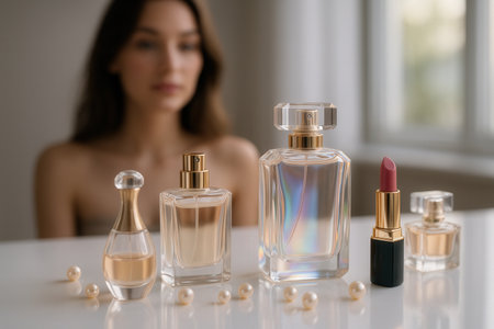 Luxury Perfume Bottles And Lipstick On Bright Vanity With Womanの素材