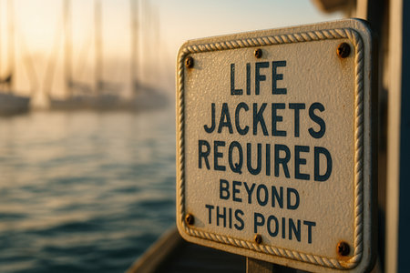 Life Jackets Required Safety Sign At Marina Pier In Golden Lightの素材