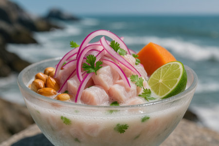 Fresh Ceviche With Red Onion And Lime By Oceanの素材