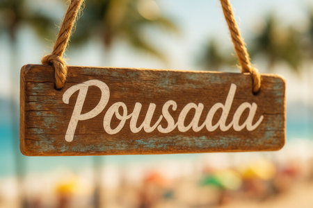 Rustic Pousada Sign Hanging Above Tropical Beachの素材