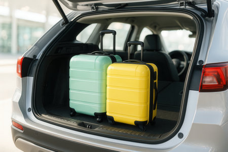 Colorful Suitcases Packed In Open Car Trunk For Tripの素材
