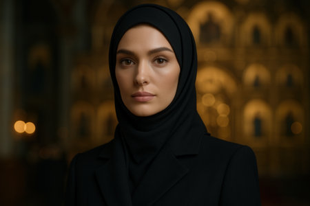 Calm Woman In Black Hijab Standing In Ornate Interiorの素材