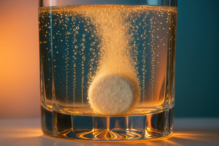 Effervescent Tablet Dissolving In Glass Of Water With Golden Sparkling Bubblesの素材