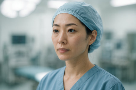 Calm Female Surgeon In Blue Scrubs Standing In Modern Operating Roomの素材