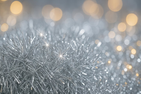 Sparkling Silver Tinsel With Warm Golden Lights Creating Festive Backgroundの素材