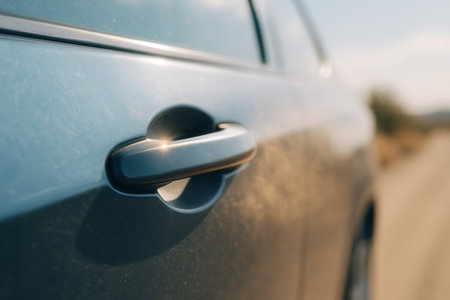 Sunlit Detail Of Car Door Handle On Dusty Vehicle At Country Roadsideの素材
