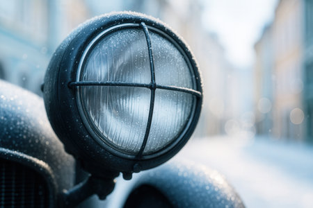 Frosted Vintage Car Headlight With Protective Grid On Snowy City Streetの素材
