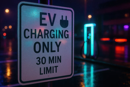 Metal road sign indicating electric vehicle charging station limit with wet raindrops at night illuminated by neon blue and red city lightsの素材