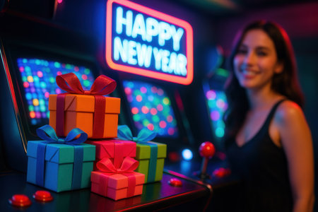 Happy new year neon sign in retro arcade game room with colorful gift boxes and smiling woman backgroundの素材