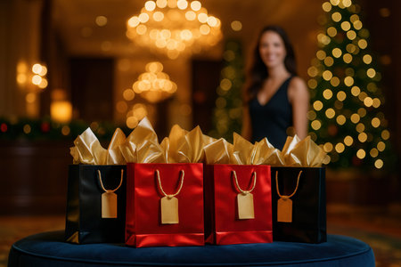 Luxury christmas gift bags in red and black with gold tissue paper on ottoman with blurred woman in backgroundの素材