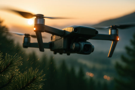 Black quadcopter drone flying over pine forest mountains with golden sunset light in backgroundの素材