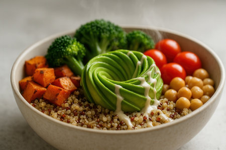 Steaming healthy vegan bowl with avocado rose quinoa broccoli sweet potato and chickpeasの素材
