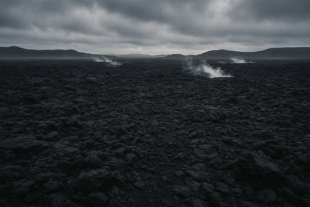Dark volcanic landscape of solidified black lava rock field with geothermal steam rising under cloudy skyの素材