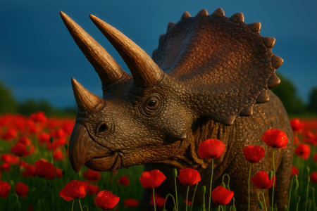 Realistic triceratops dinosaur standing in field of blooming red poppy flowers during golden hour sunsetの素材
