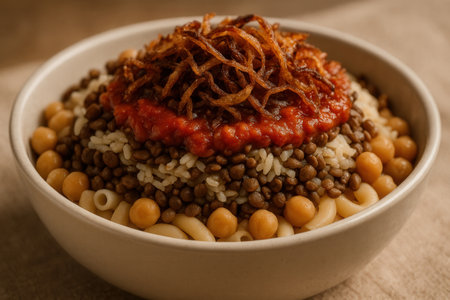 Traditional egyptian koshari dish with lentils rice pasta chickpeas and fried onions in ceramic bowlの素材