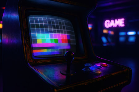 Retro Arcade Game Machine With Color Bars Screen In Neon Roomの素材