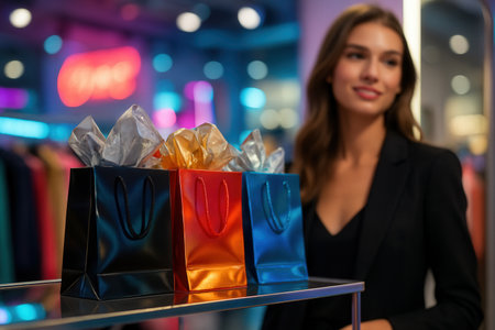Colorful Gift Bags And Stylish Woman In Modern Shopping Mallの素材