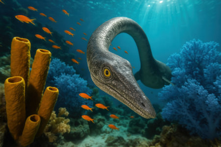 Plesiosaur Swimming Over Coral Reefの素材