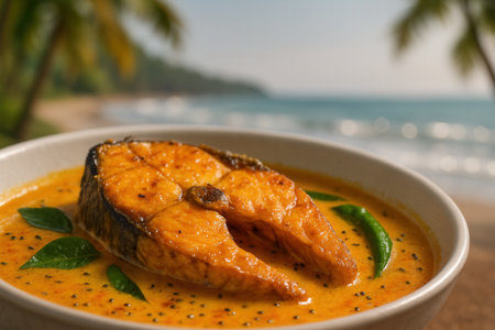 Fish Curry Bowl On Tropical Beachの素材