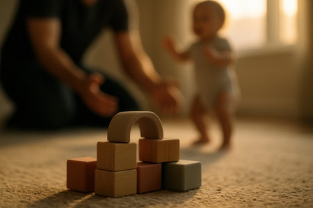Wooden Toy Blocks And Baby Taking First Steps Toward Parent At Homeの素材